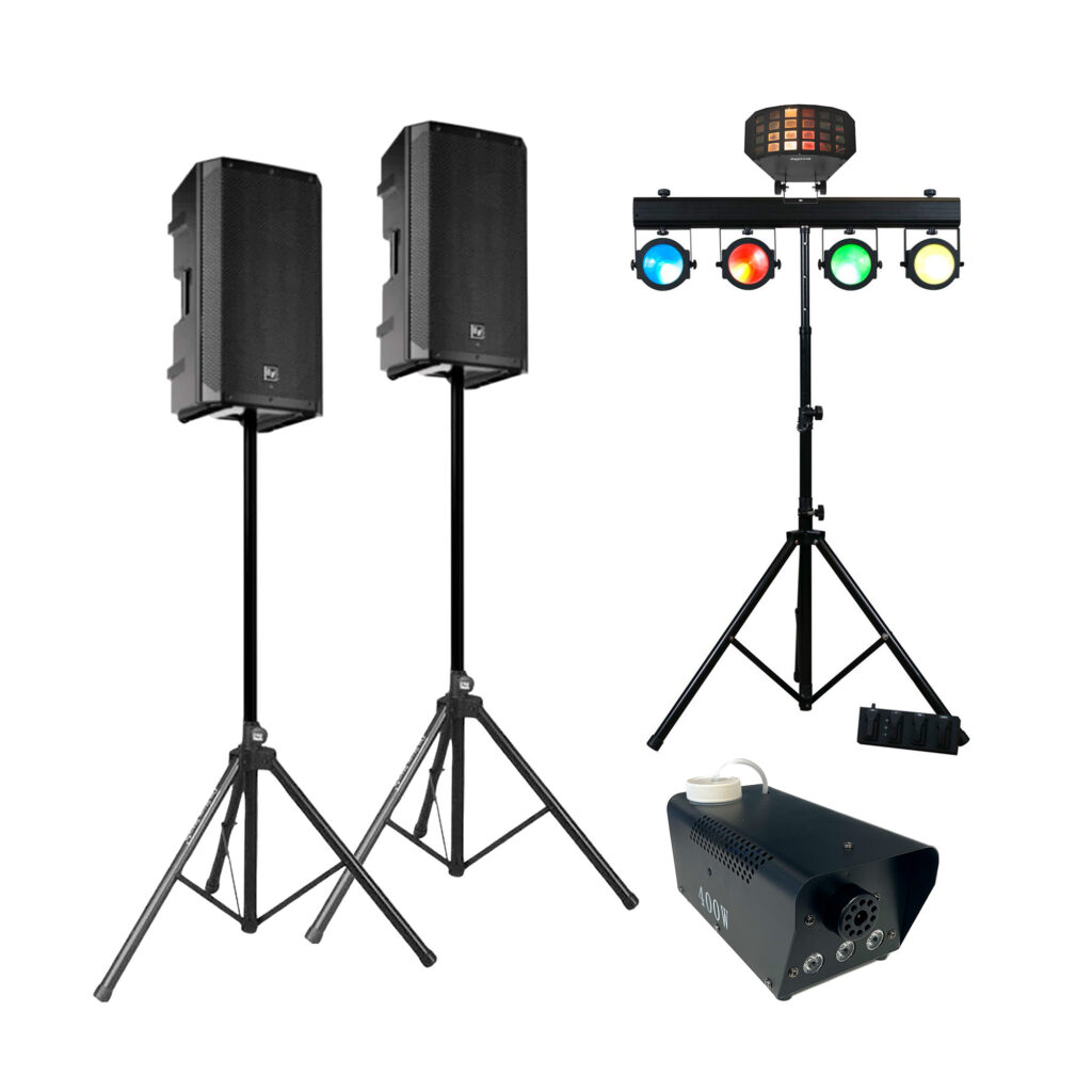 FESTPAKKE 1 fra Eventech indeholder 2 stk. Electro Voice ZLX 12" tophøjtalere,. 1 stk. LED lysbar, 1 stk. LED lyseffekt, røgmaskine, diverse stativer og kabler