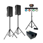 FESTPAKKE 1 fra Eventech indeholder 2 stk. Electro Voice ZLX 12" tophøjtalere,. 1 stk. LED lysbar, 1 stk. LED lyseffekt, røgmaskine, diverse stativer og kabler