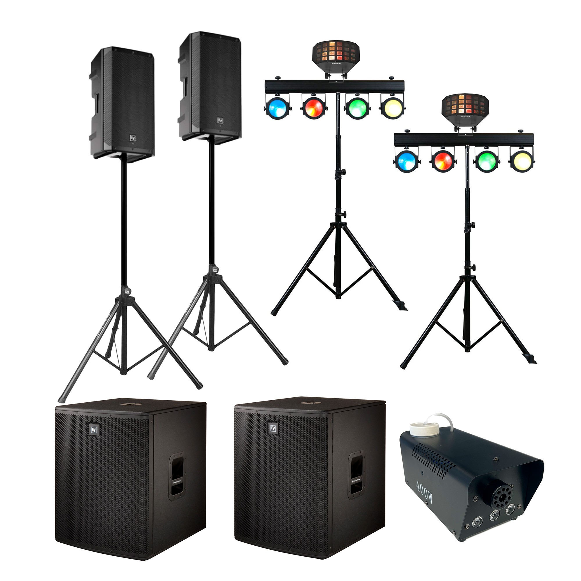 FESTPAKKE 2 fra Eventech indeholder 2 stk. Electro Voice ZLX 12" tophøjtalere, 2 stk. Electro Voice ELX200 18" bundhøjtaler. 2 stk. LED lysbar, 2 stk. LED lyseffekt, røgmaskine, diverse stativer og kabler